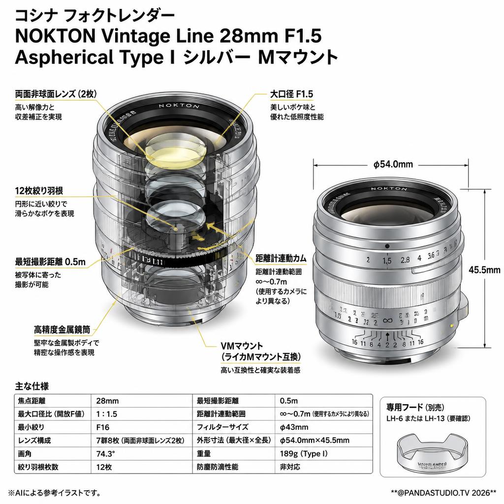 コシナ フォクトレンダー NOKTON Vintage Line 28mm F1.5 Aspherical Type I Mマウントシルバー スペック