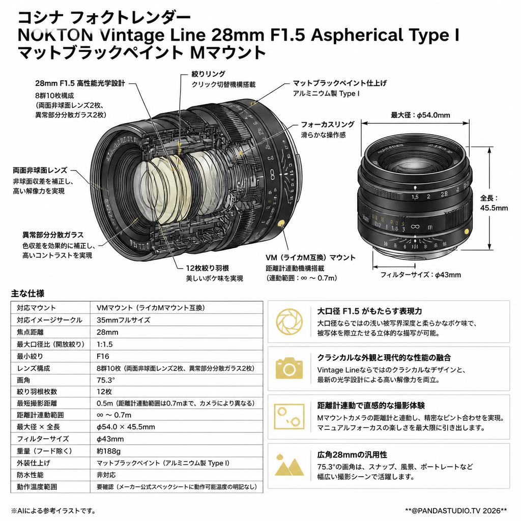 コシナ フォクトレンダー NOKTON Vintage Line 28mm F1.5 Aspherical Type I Mマウントマットブラックペイント スペック