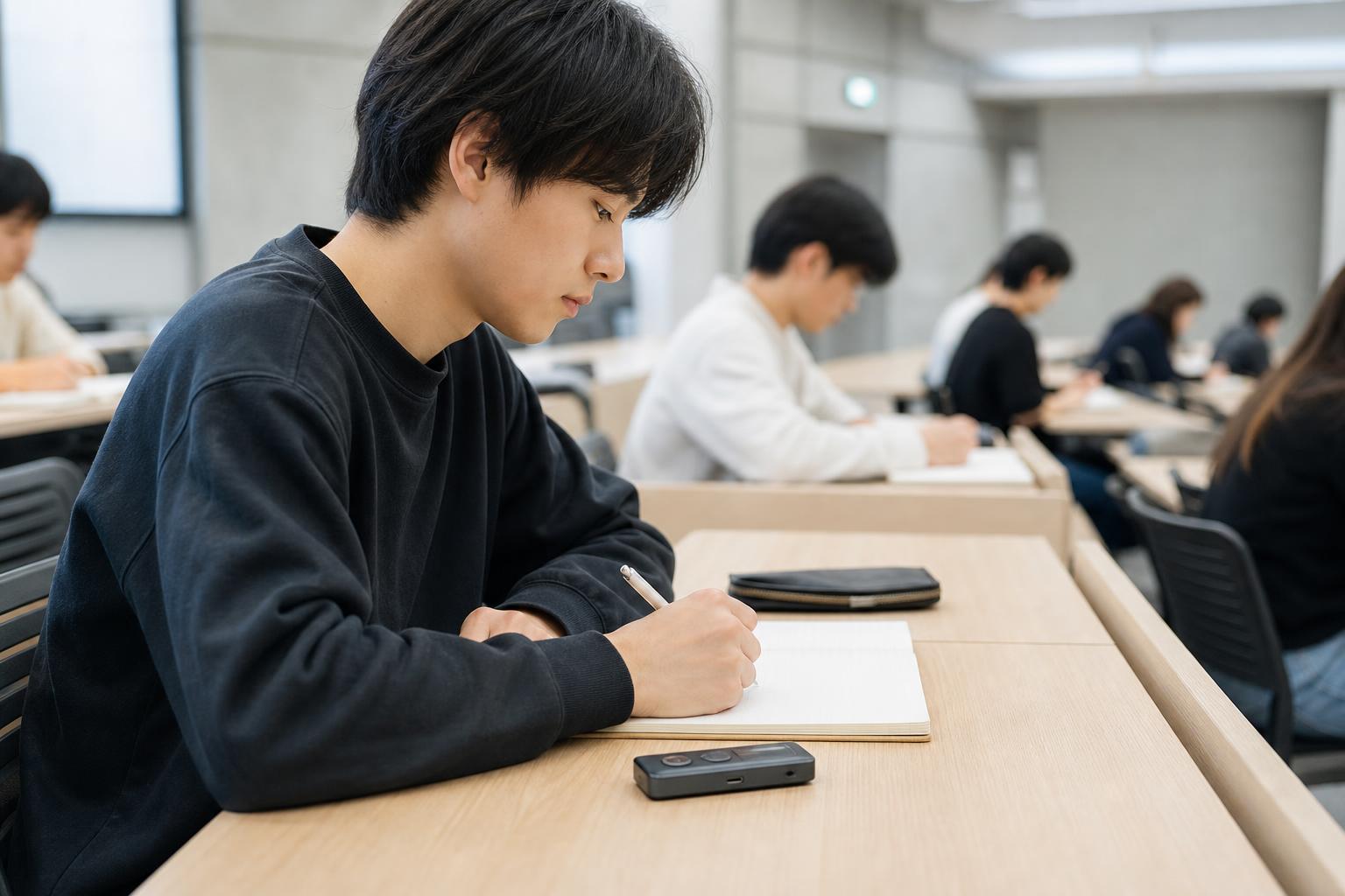 大学生が講義中に小型のAIボイスレコーダーを使って音声を記録しながらノートを取っている様子
