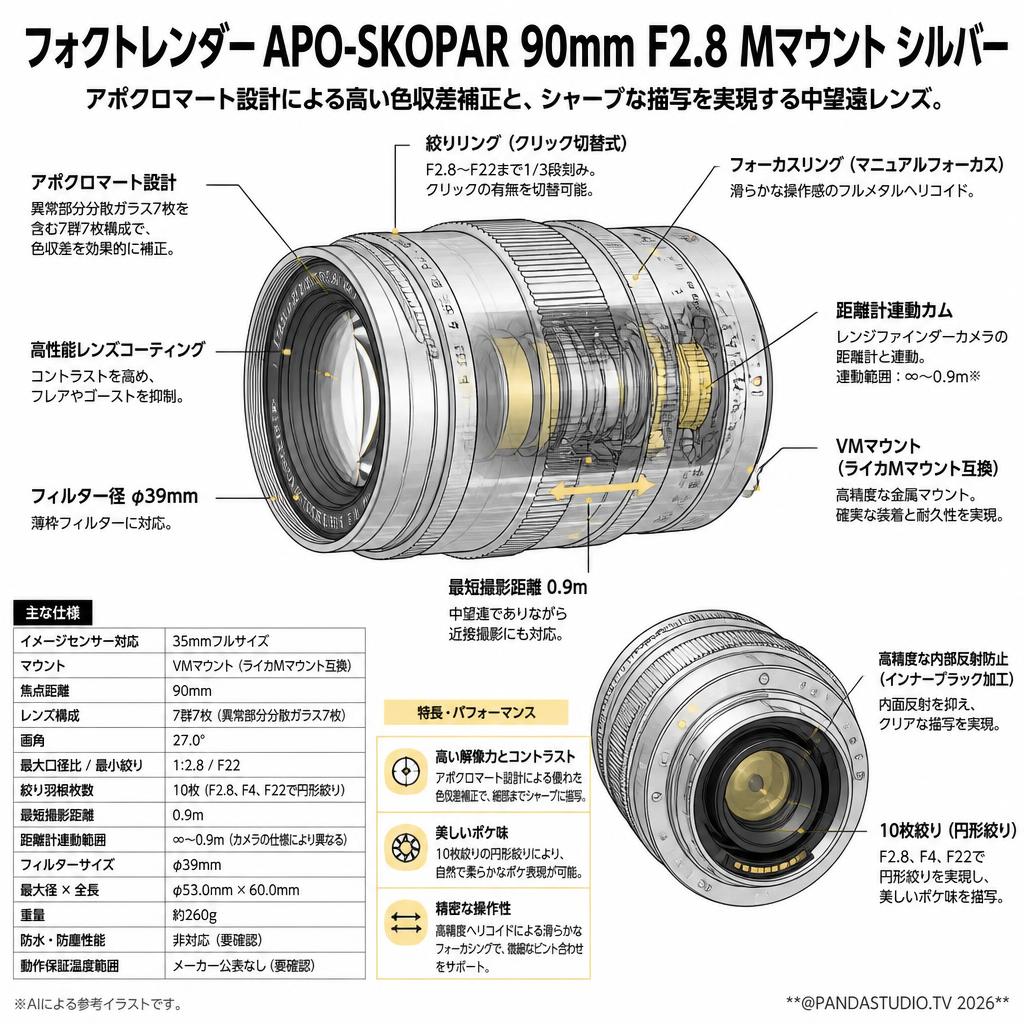 フォクトレンダー APO-SKOPAR 90mm F2.8 Mマウント シルバー スペック
