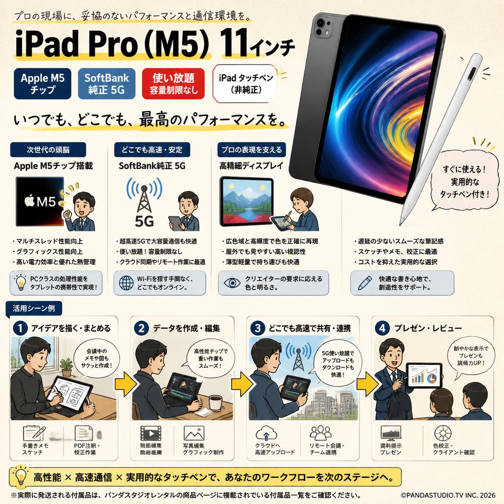 iPad Pro 11インチ 256GB (第 5 世代) SoftBank 純正 5G 使い放題 容量制限なし iPad タッチペン（非純正） 概要