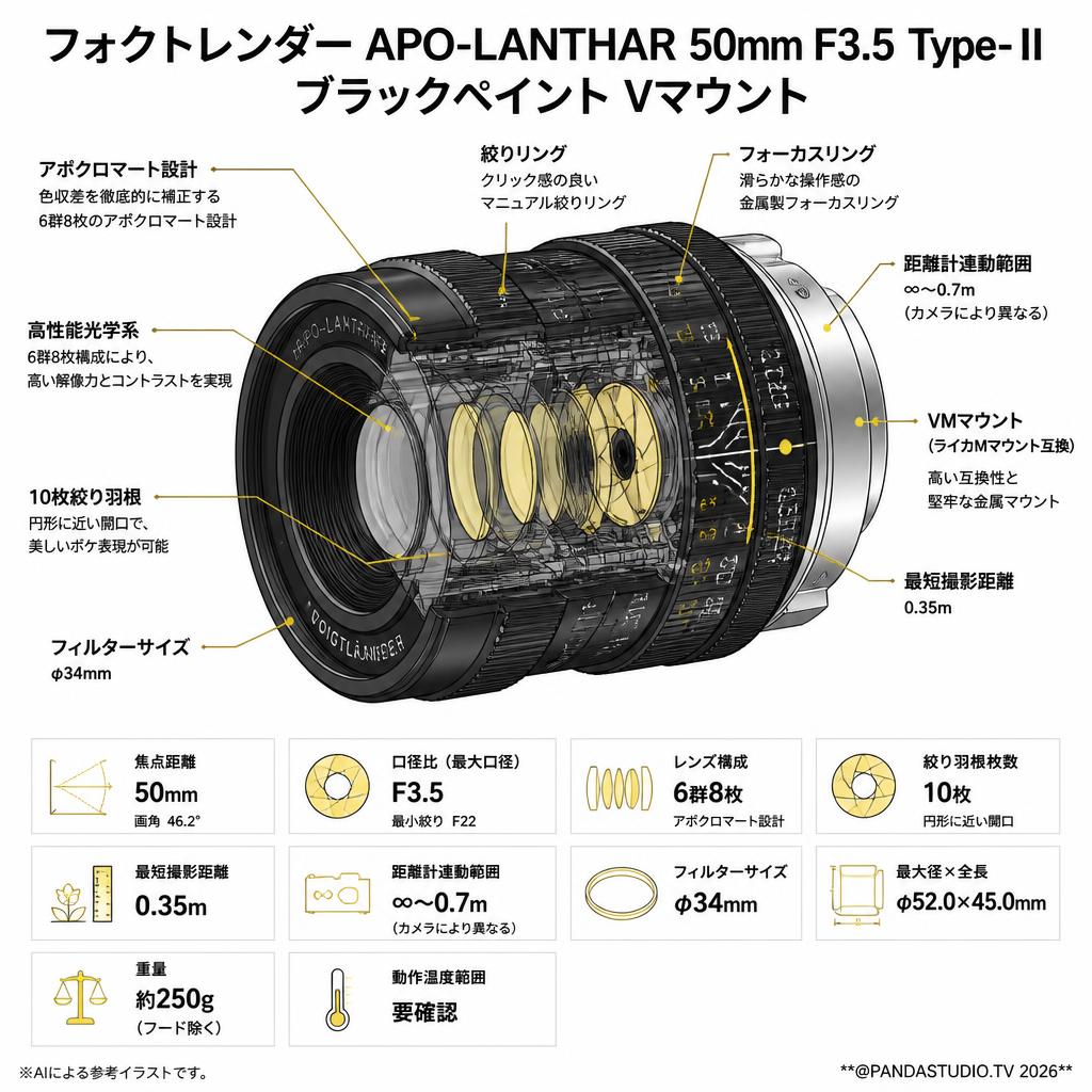 フォクトレンダー APO-LANTHAR 50mm F3.5 Type-Ⅱブラックペイント Mマウント スペック