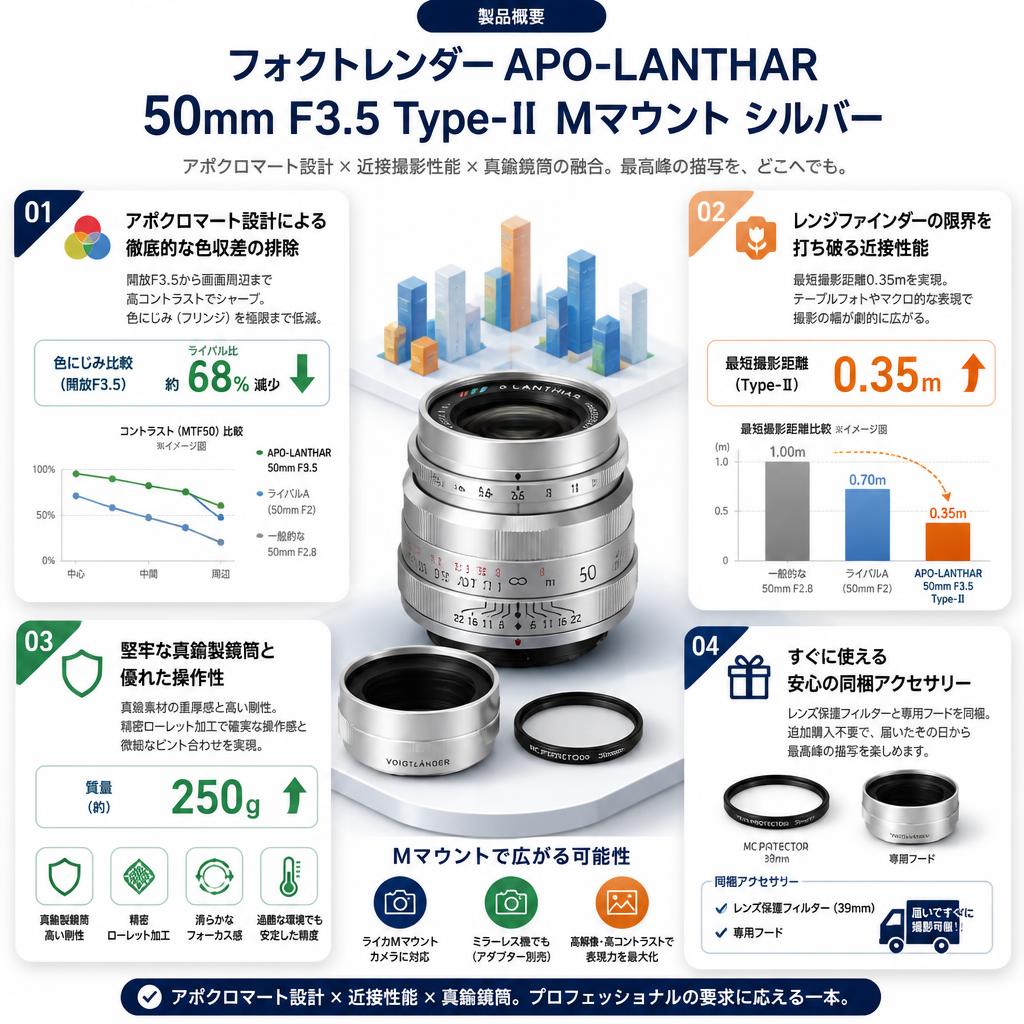 フォクトレンダー APO-LANTHAR 50mm F3.5 Type-Ⅱ Mマウント シルバー セールスポイント