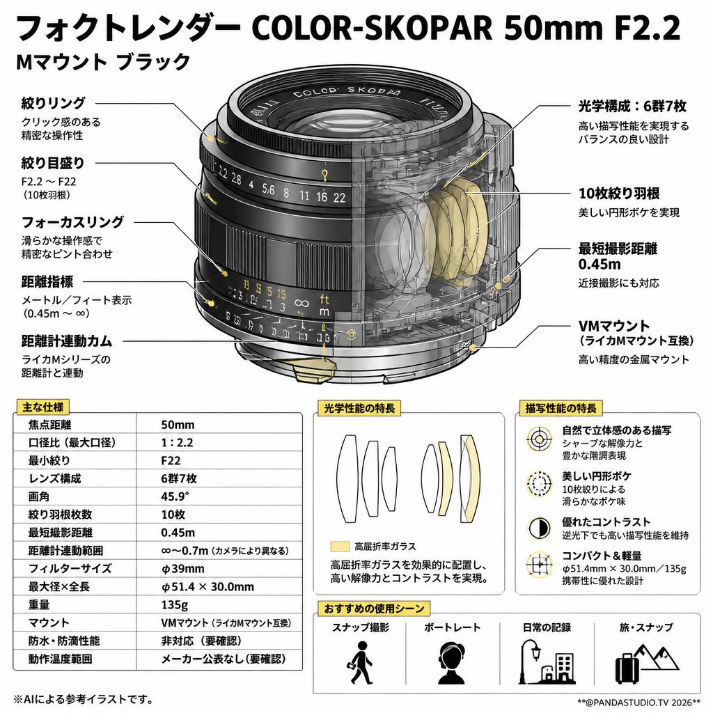 フォクトレンダー COLOR-SKOPAR 50mm F2.2  Mマウント ブラック スペック