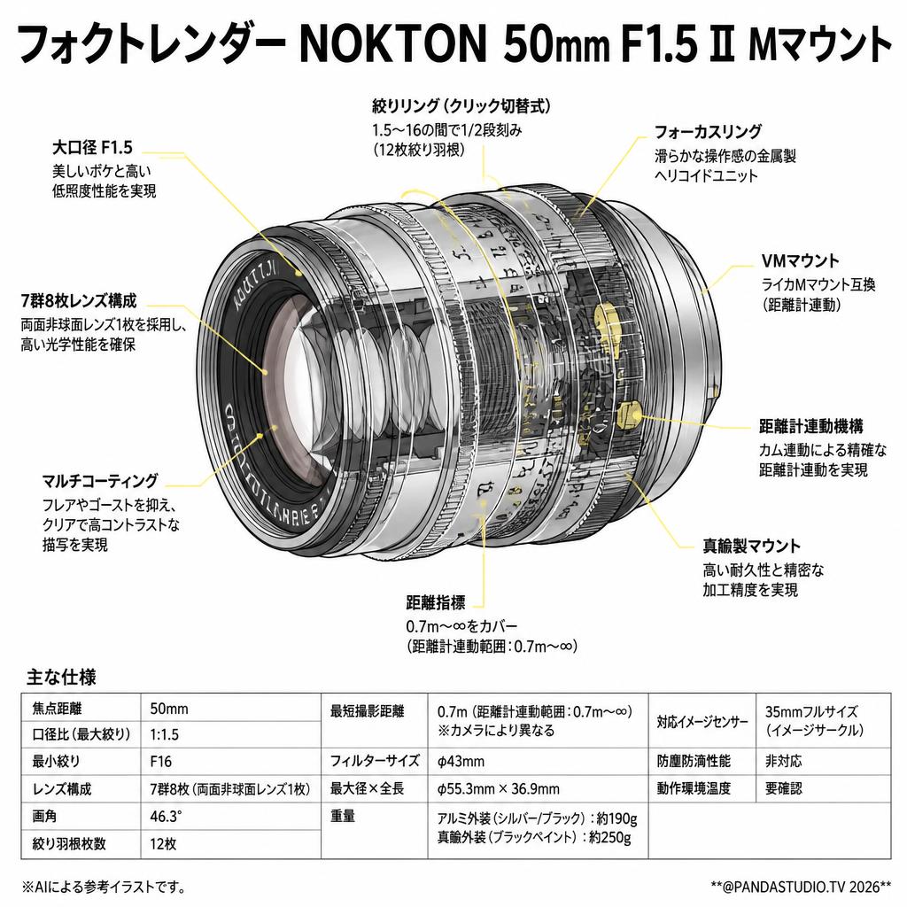 フォクトレンダー NOKTON 50mm F1.5 Ⅱ シルバー Mマウント スペック
