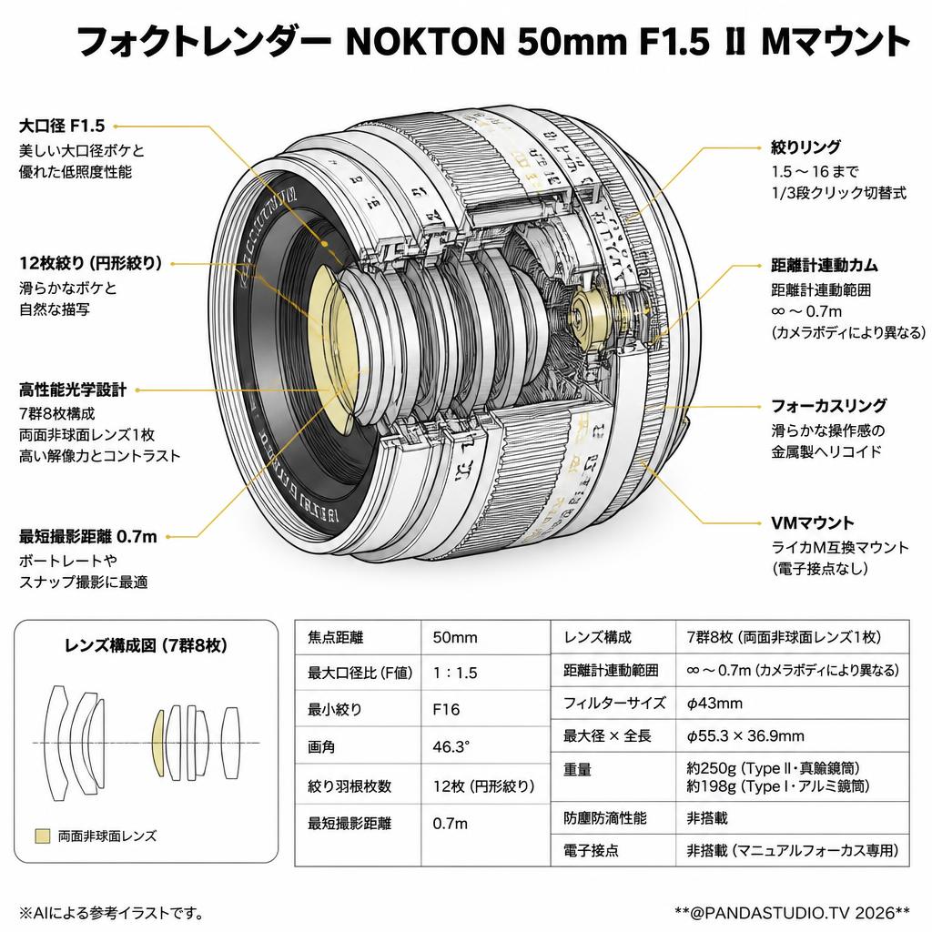 フォクトレンダー NOKTON 50mm F1.5 Ⅱ ブラック Mマウント ブラック スペック
