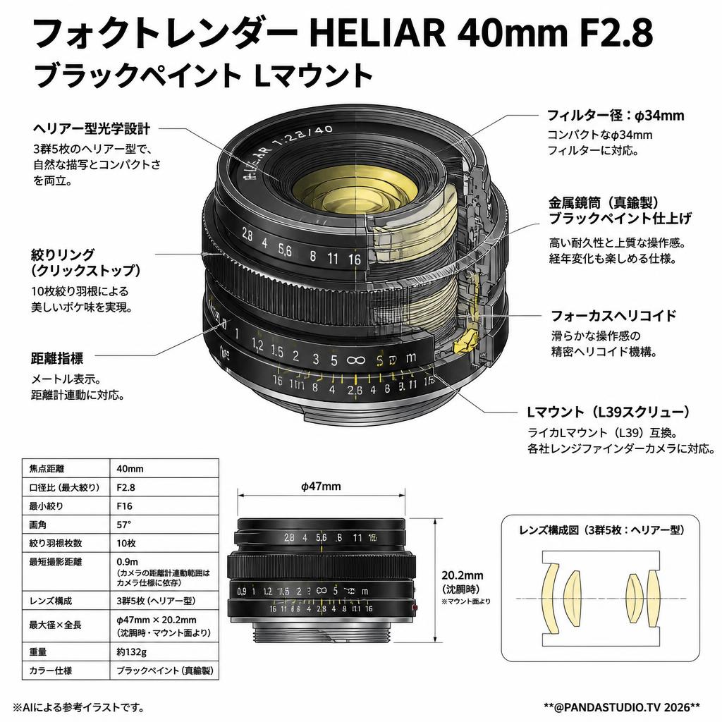 フォクトレンダー HELIAR 40mm F2.8　ブラックペイント Lマウント スペック
