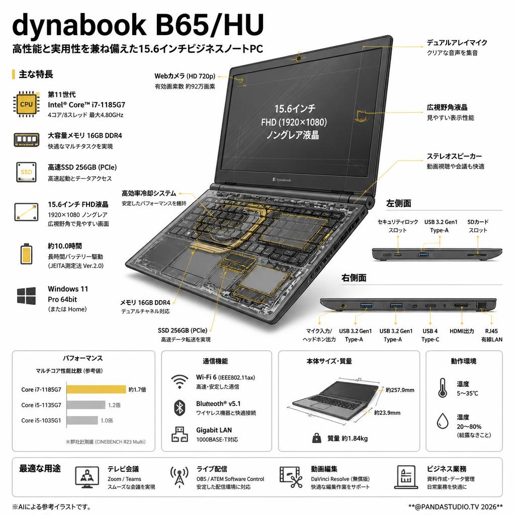 dynabook B65/HU （ IntelCore i7-1185G7  15.6インチ SSD:256GB / 16GB win11）【テレビ会議用Zoom / 配信用OBS / Microsoft Teams / ATEM Software Control / 無償版 動画編集DaVinci Resolveインストール済】 スペック