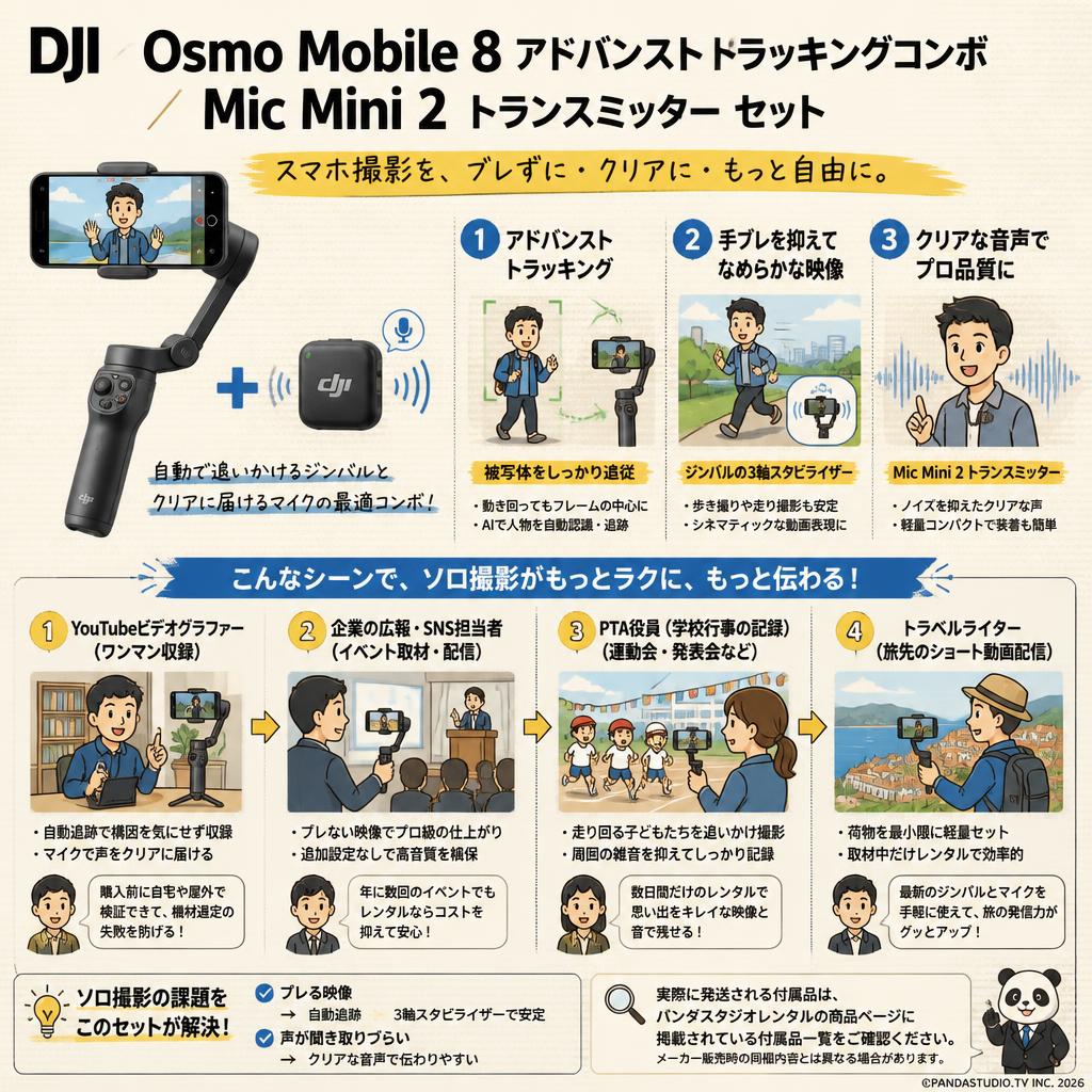 DJI Osmo Mobile 8 アドバンストトラッキングコンボ / Mic Mini 2 トランスミッター セット おもな対象のお客様