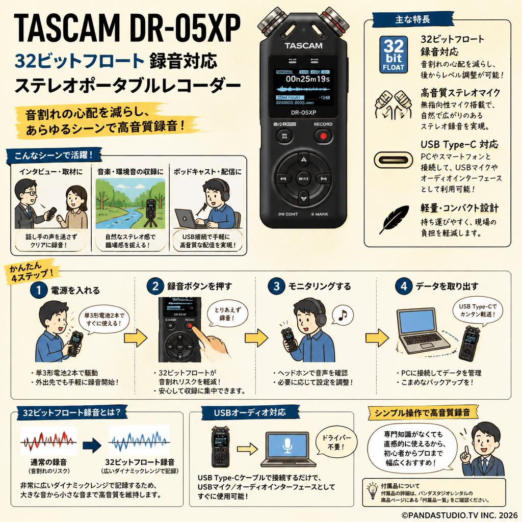 TASCAM DR-05XP 32ビットフロート 録音対応 ステレオポータブルレコーダー USB Type-C対応 インターネット上のお客様の声（評判）