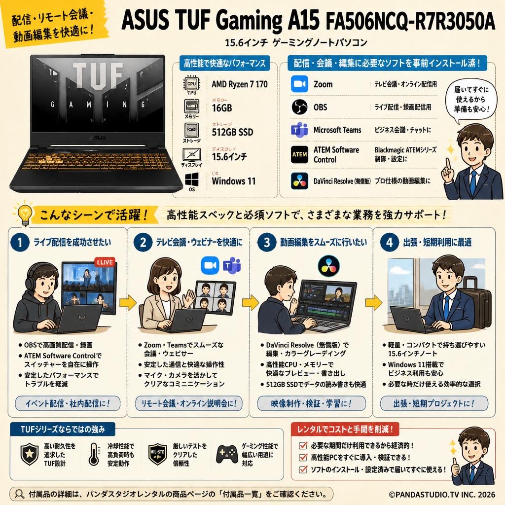 ASUS ゲーミングノートパソコン 15.6インチ TUF Gaming A15 FA506NCQ-R7R3050A （Windows11 16GBメモリー / 512GB SSD / AMD Ryzen 7 170）(テレビ会議用Zoom / 配信用OBS / Microsoft Teams / ATEM Software Control / 無償版 動画編集DaVinci Resolveインストール済） おもな対象のお客様