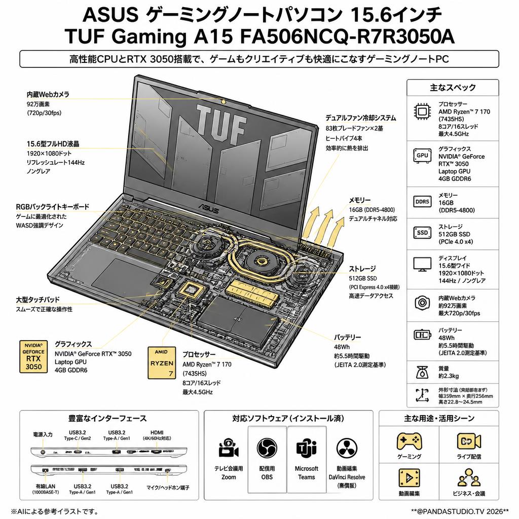 ASUS ゲーミングノートパソコン 15.6インチ TUF Gaming A15 FA506NCQ-R7R3050A （Windows11 16GBメモリー / 512GB SSD / AMD Ryzen 7 170）(テレビ会議用Zoom / 配信用OBS / Microsoft Teams / ATEM Software Control / 無償版 動画編集DaVinci Resolveインストール済） スペック