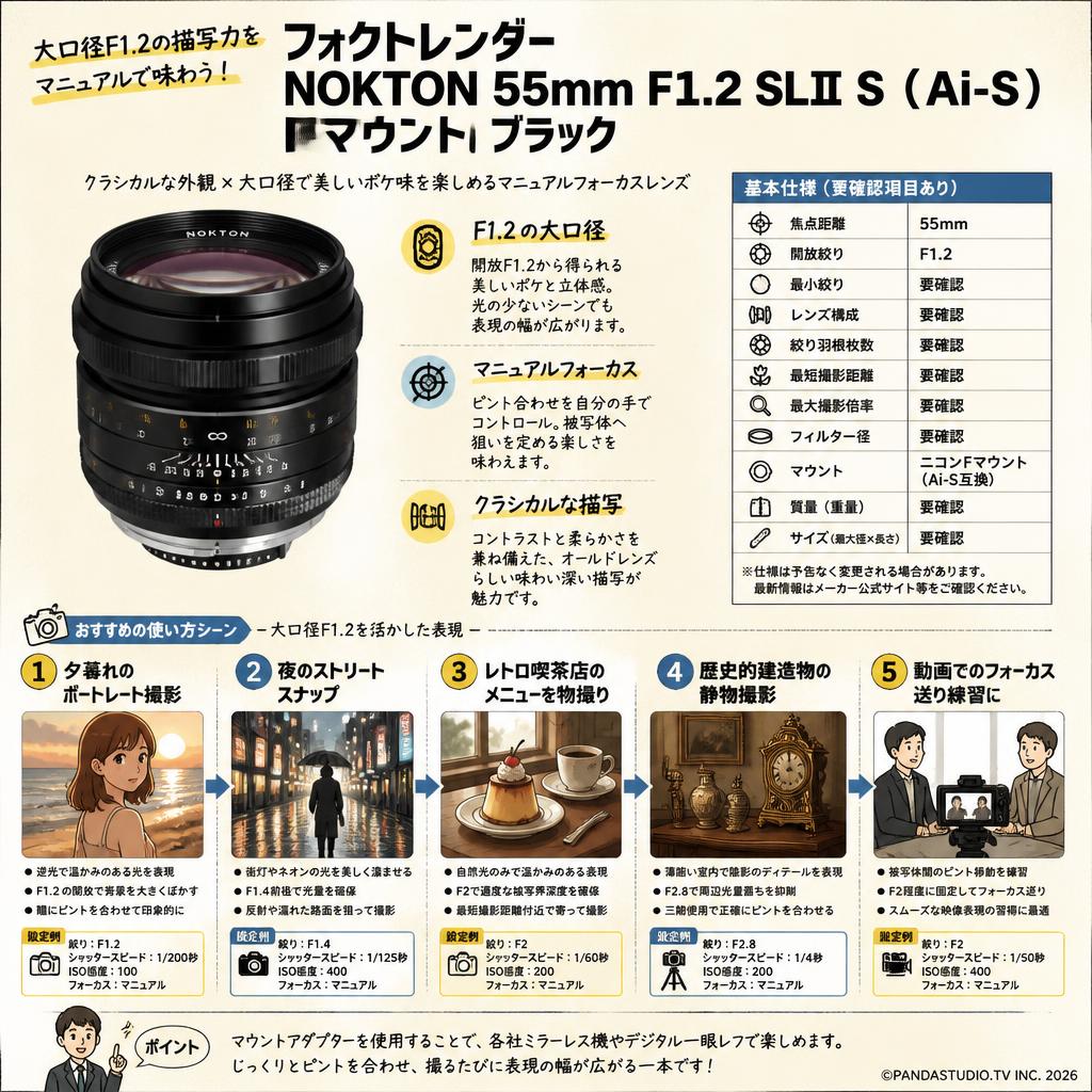 フォクトレンダー NOKTON 55mm F1.2 SLII S （Ai-S） Fマウント ブラック 用途