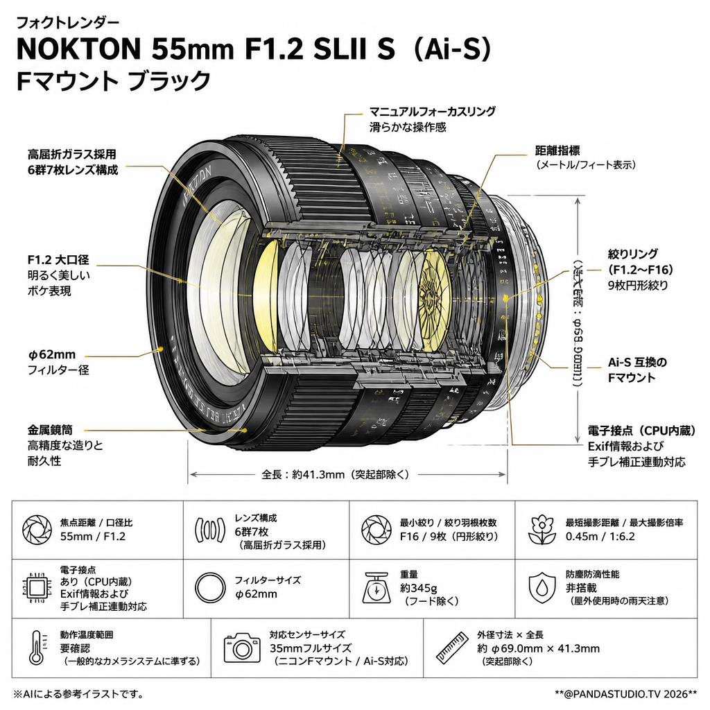 フォクトレンダー NOKTON 55mm F1.2 SLII S （Ai-S） Fマウント ブラック スペック
