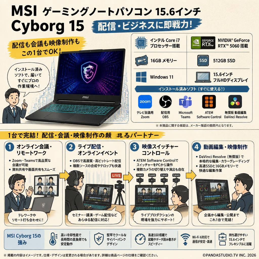 MSI ゲーミングノートパソコン 15.6インチ Cyborg 15 GeForce RTX 5060 （Core i7 / Windows11 / 16GBメモリー / 512GB SSD）(テレビ会議用Zoom / 配信用OBS / Microsoft Teams / ATEM Software Control / 無償版 動画編集DaVinci Resolveインストール済） 概要