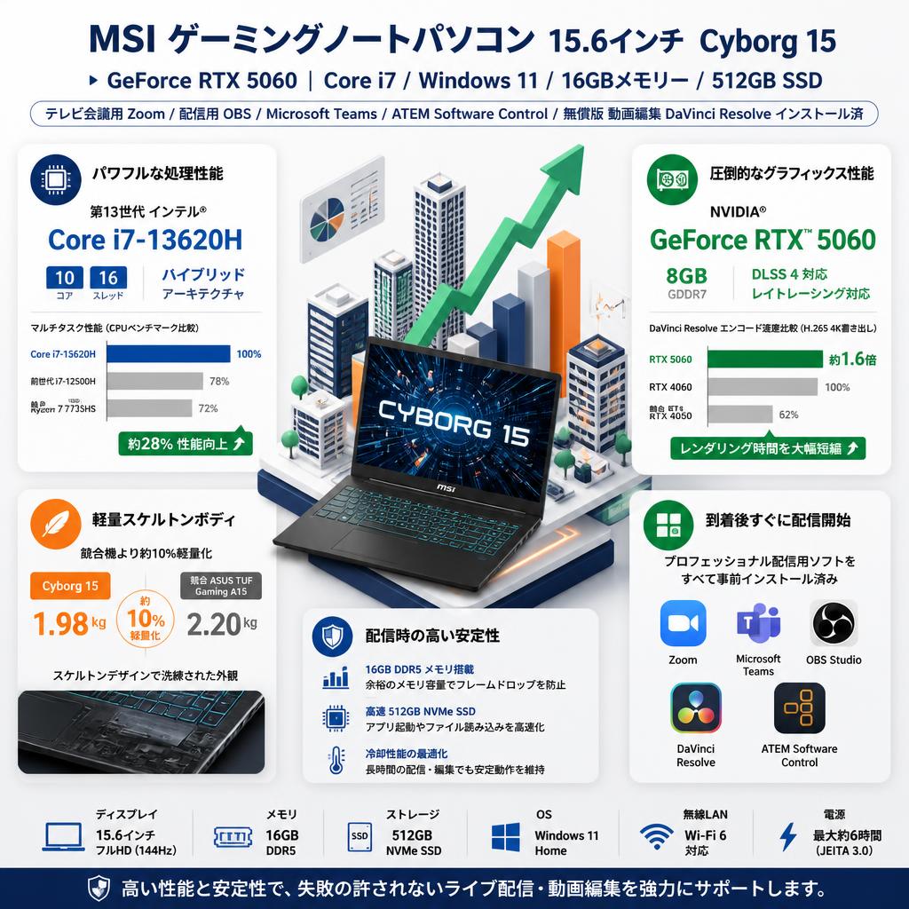 MSI ゲーミングノートパソコン 15.6インチ Cyborg 15 GeForce RTX 5060 （Core i7 / Windows11 / 16GBメモリー / 512GB SSD）(テレビ会議用Zoom / 配信用OBS / Microsoft Teams / ATEM Software Control / 無償版 動画編集DaVinci Resolveインストール済） セールスポイント