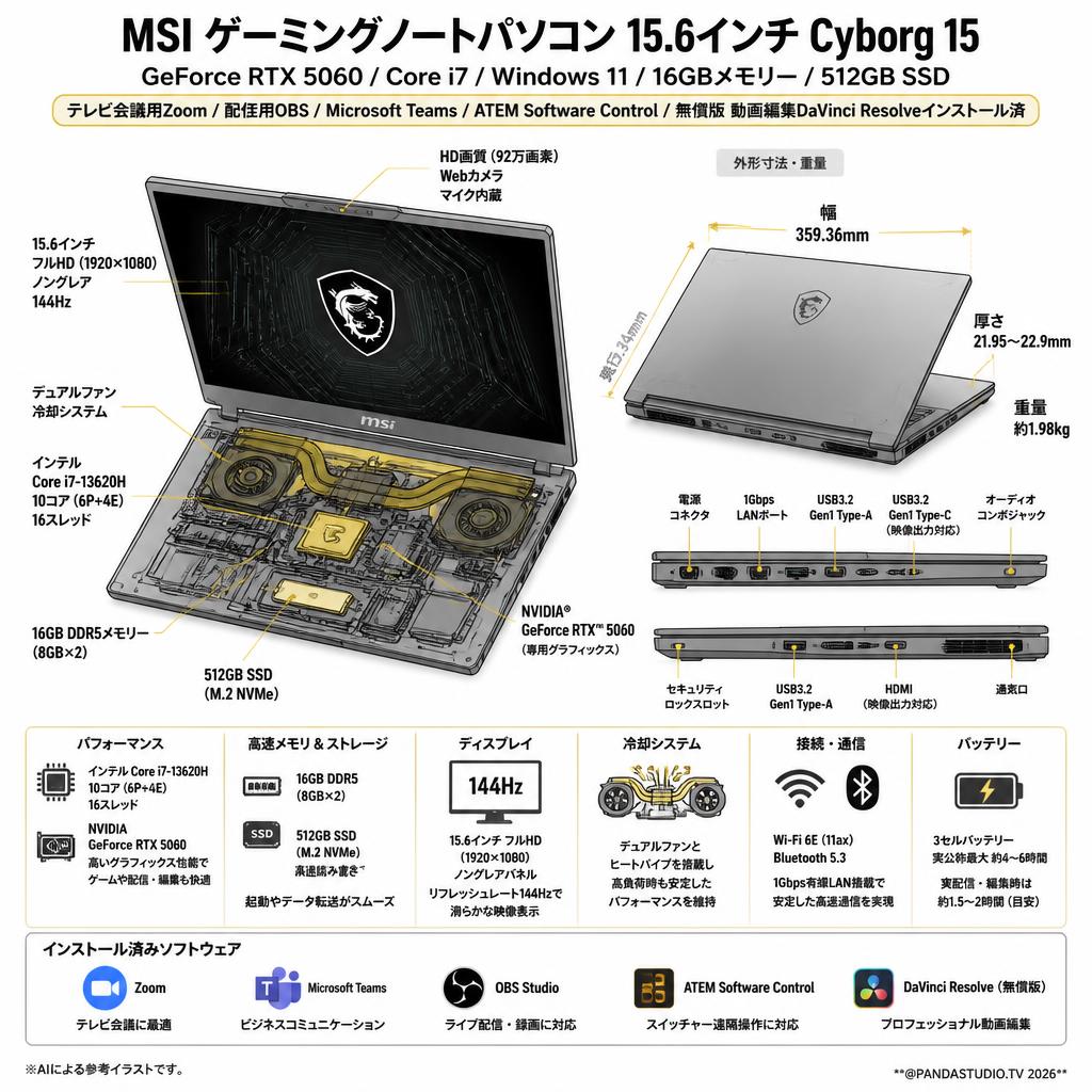MSI ゲーミングノートパソコン 15.6インチ Cyborg 15 GeForce RTX 5060 （Core i7 / Windows11 / 16GBメモリー / 512GB SSD）(テレビ会議用Zoom / 配信用OBS / Microsoft Teams / ATEM Software Control / 無償版 動画編集DaVinci Resolveインストール済） スペック