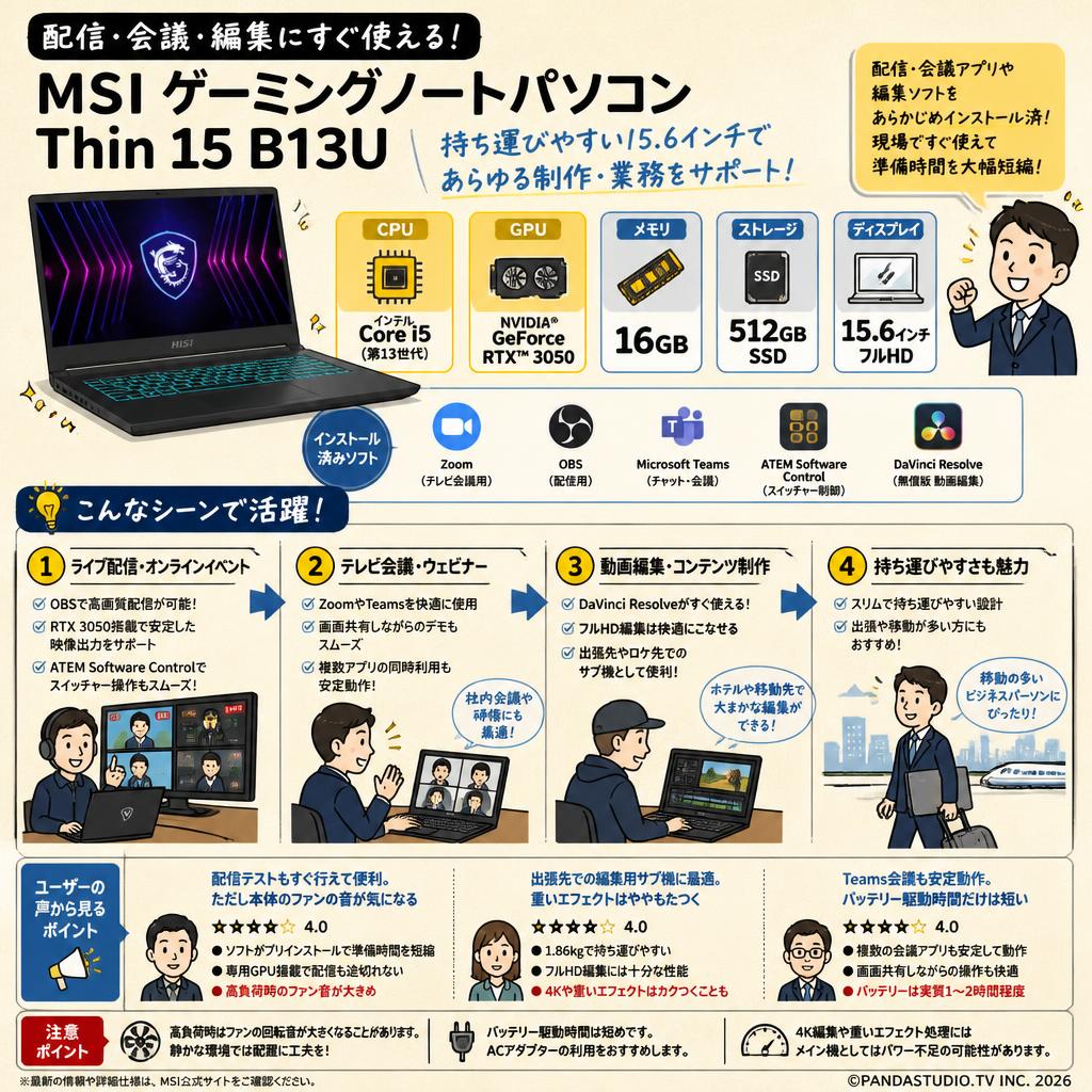 MSI ゲーミングノートパソコン Thin 15 B13U GeForce RTX 3050 15.6インチ（Core i5 / Windows11 / 16GBメモリー / 512GB SSD）(テレビ会議用Zoom / 配信用OBS / Microsoft Teams / ATEM Software Control / 無償版 動画編集DaVinci Resolveインストール済） インターネット上のお客様の声（評判）
