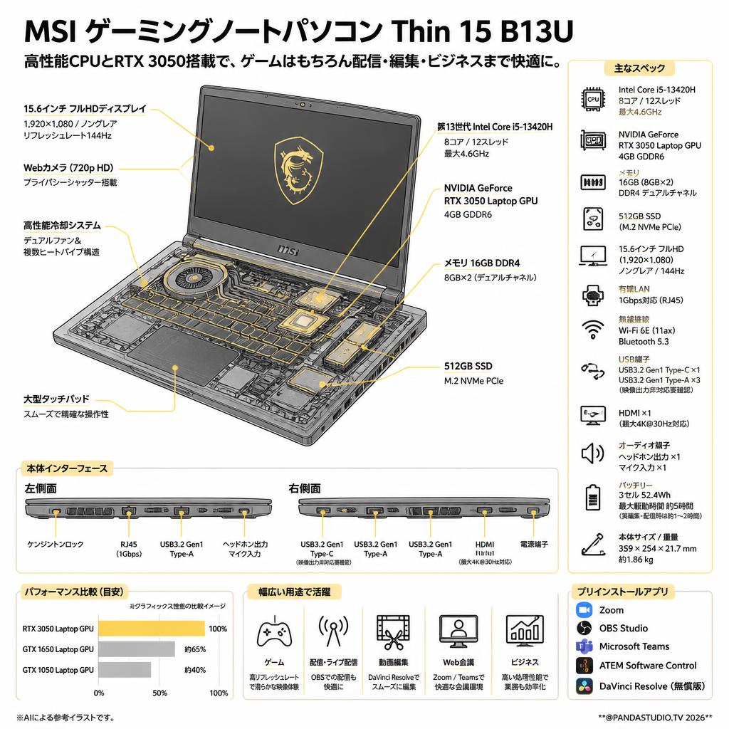 MSI ゲーミングノートパソコン Thin 15 B13U GeForce RTX 3050 15.6インチ（Core i5 / Windows11 / 16GBメモリー / 512GB SSD）(テレビ会議用Zoom / 配信用OBS / Microsoft Teams / ATEM Software Control / 無償版 動画編集DaVinci Resolveインストール済） スペック