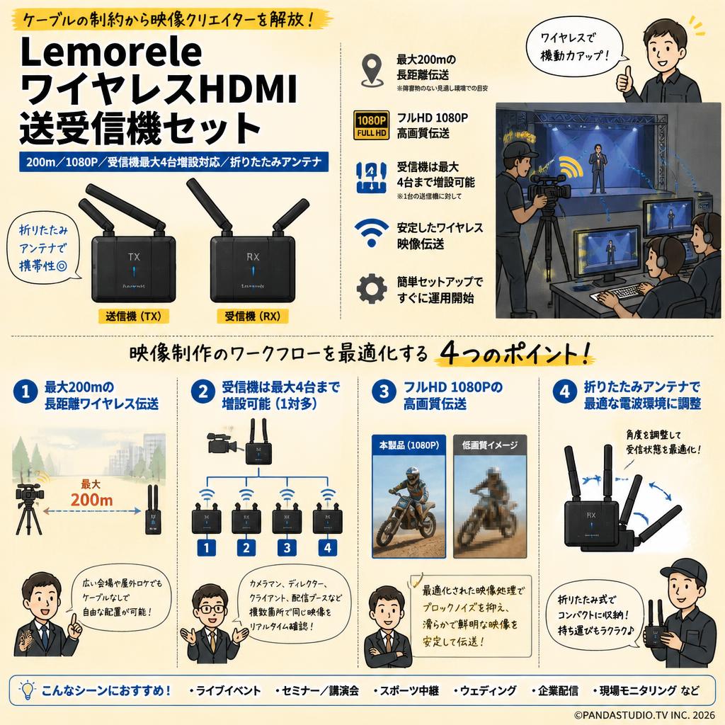 Lemorele ワイヤレスHDMI送受信機セット 200m／1080P／受信機最大4台増設対応／折りたたみアンテナ 概要