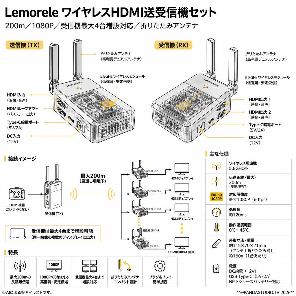 Lemorele ワイヤレスHDMI送受信機セット 200m／1080P／受信機最大4台増設対応／折りたたみアンテナ スペック
