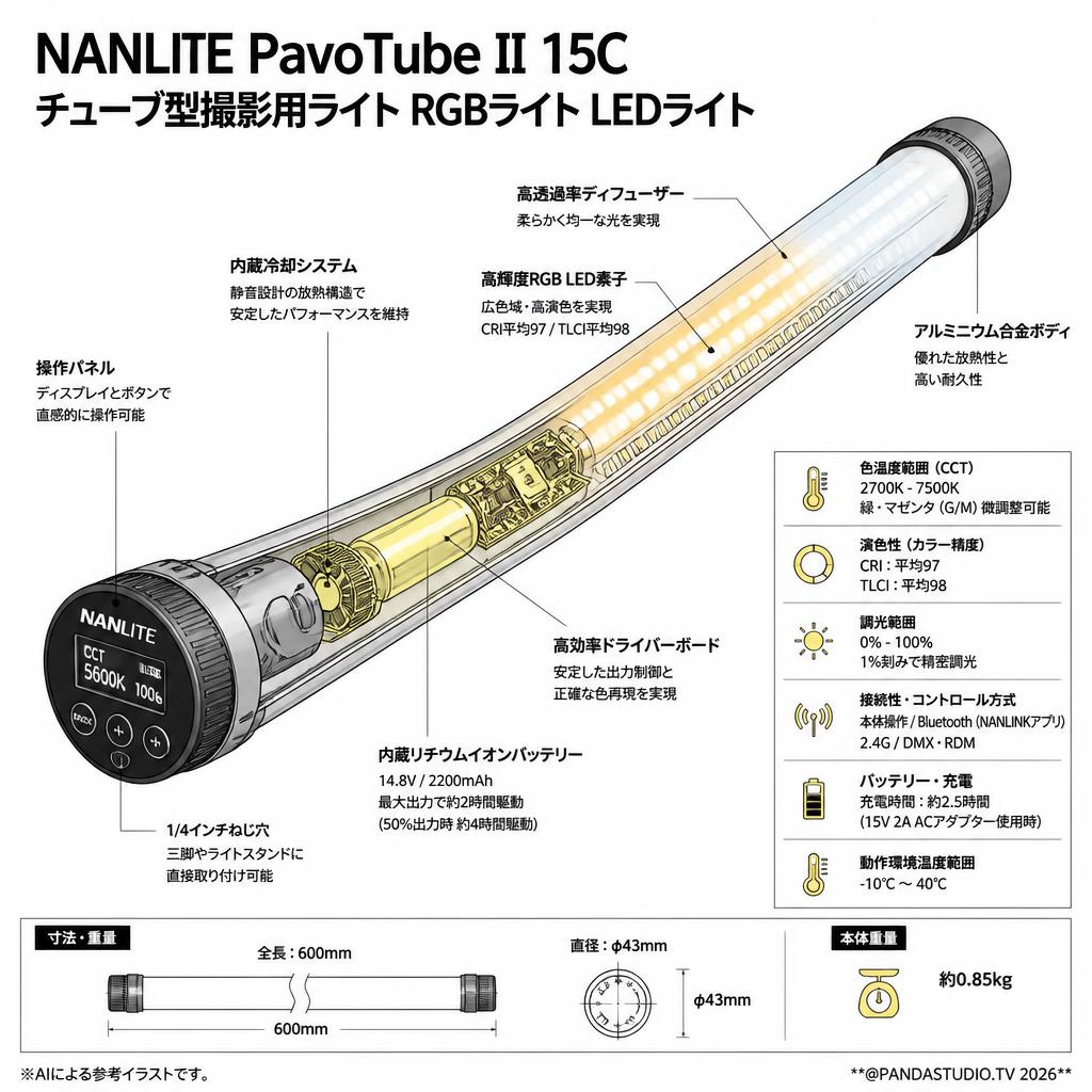 NANLITE PavoTube II 15C チューブ型撮影用ライト RGBライト LEDライト 2700-7500K スペック