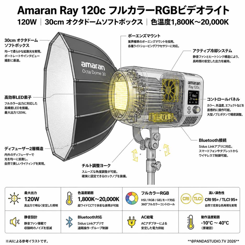 Amaran Ray 120c フルカラーRGBビデオライト,120W 、30cm オクタドームソフトボックス,色温度1,800K～20,000K [ボーエンズマウント] スペック