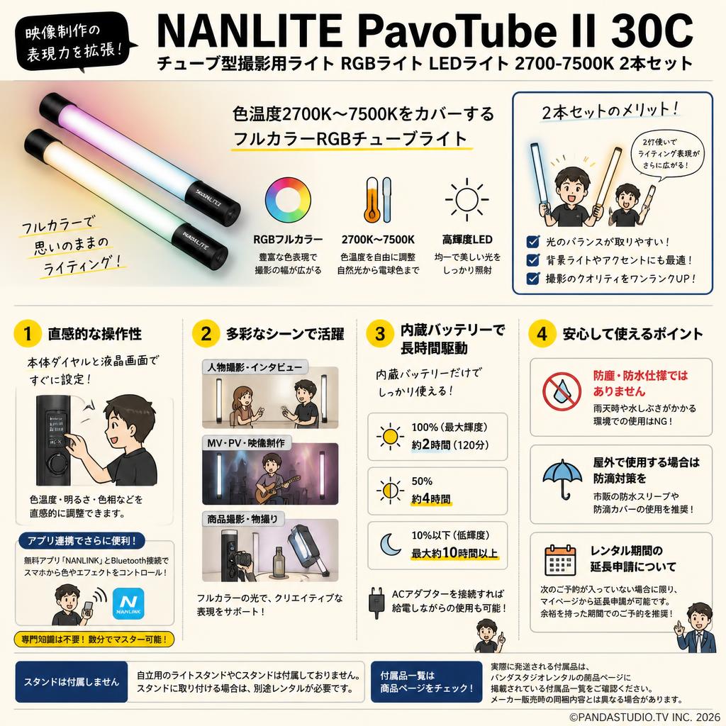 NANLITE PavoTube II 30C チューブ型撮影用ライト RGBライト LEDライト 2700-7500K 2本セット FAQ（よくある質問と答え）