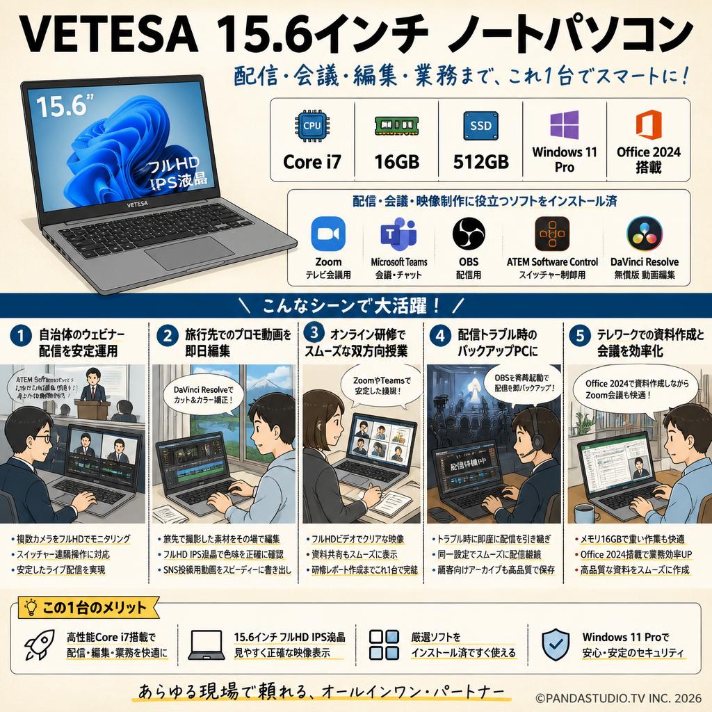 VETESA  ノートパソコン 15.6インチ ( Core i7 / メモリ16GB / SSD 512GB / Windows 11 Pro / Office 2024搭載 / フルHD IPS液晶 / グレー) (テレビ会議用Zoom / 配信用OBS / Microsoft Teams / ATEM Software Control / 無償版 動画編集DaVinci Resolveインストール済） 用途