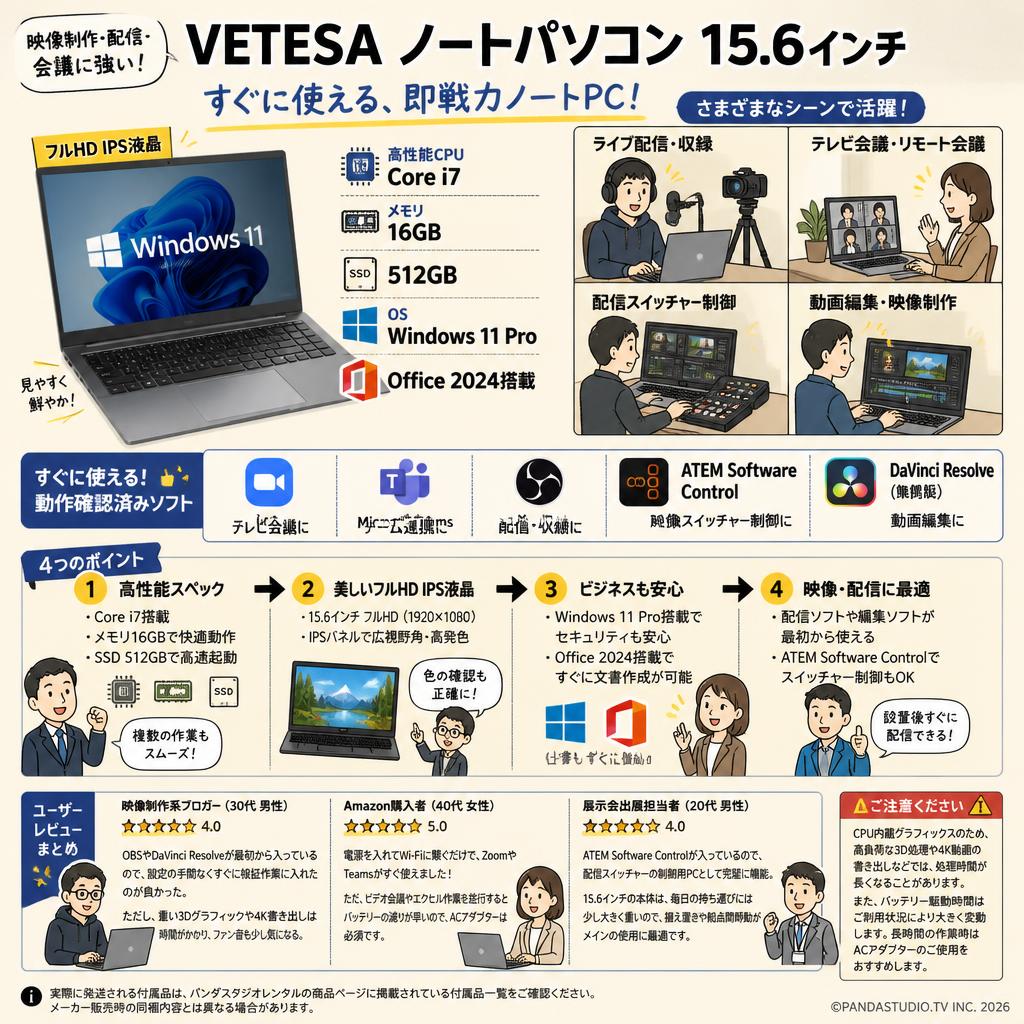 VETESA  ノートパソコン 15.6インチ ( Core i7 / メモリ16GB / SSD 512GB / Windows 11 Pro / Office 2024搭載 / フルHD IPS液晶 / グレー) (テレビ会議用Zoom / 配信用OBS / Microsoft Teams / ATEM Software Control / 無償版 動画編集DaVinci Resolveインストール済） インターネット上のお客様の声（評判）