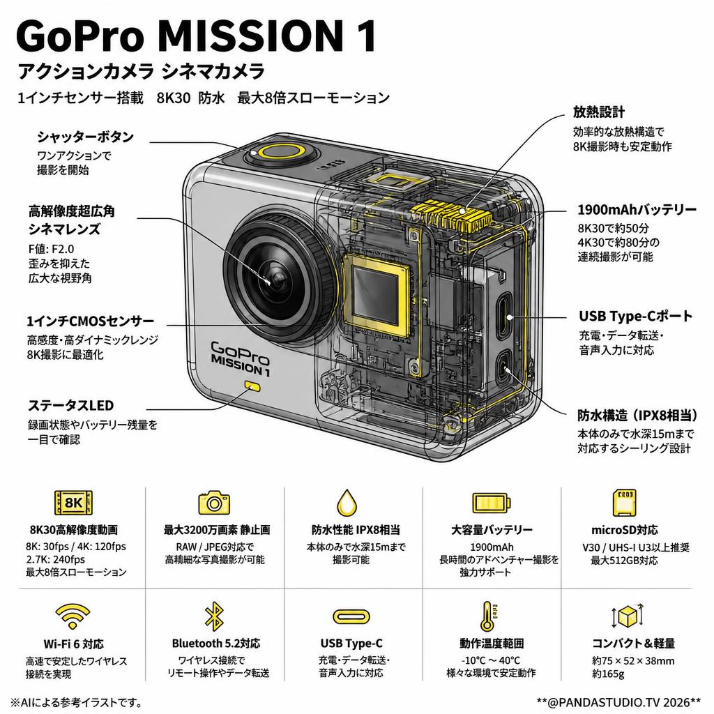 GoPro MISSION 1 アクションカメラ シネマカメラ 1インチセンサー搭載 8K30 防水 最大8倍スローモーション （マイクロSDカード128GB付属）