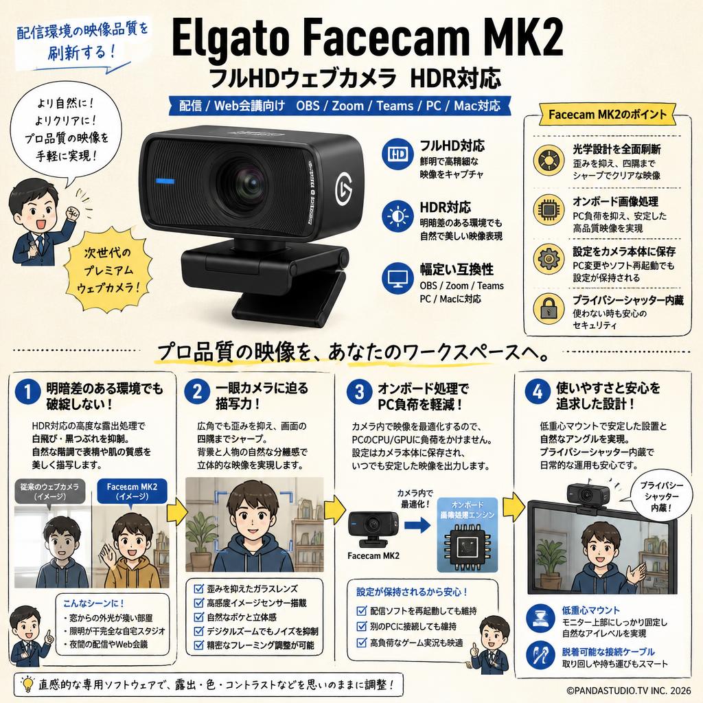 Elgato Facecam MK2 フルHDウェブカメラ HDR対応 配信 / Web会議向け OBS / Zoom / Teams / PC / Mac対応 概要
