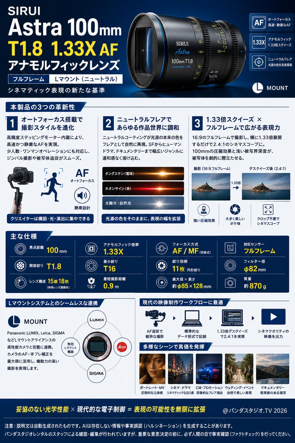 SIRUI Astra 100mm T1.8 1.33X AF アナモルフィックレンズ フルフレーム Lマウント（ニュートラル） 概要
