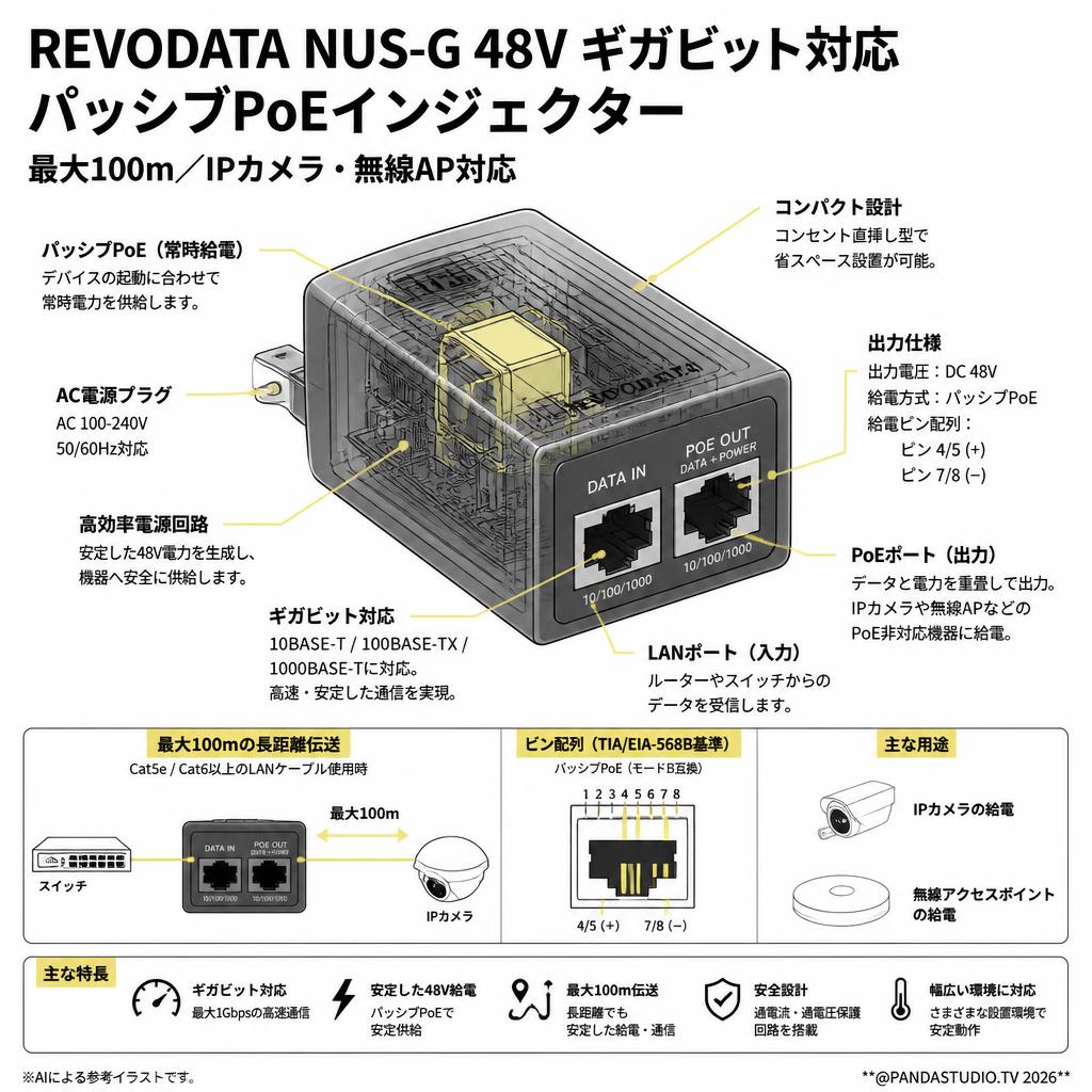 REVODATA NUS-G 48V ギガビット対応 パッシブPoEインジェクター 最大