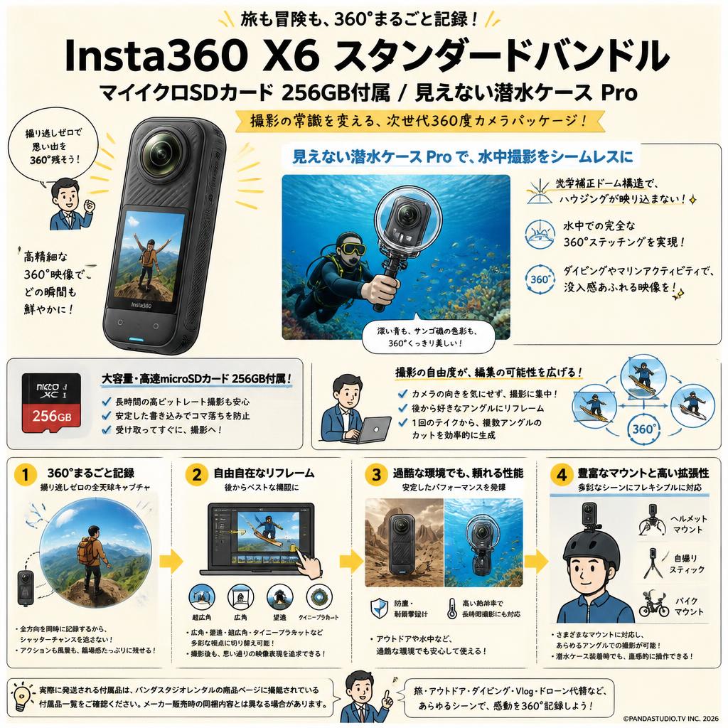 Insta360 X6 スタンダードバンドル マイクロSDカード 256GB付属 / 見えない潜水ケース Pro  セット 概要