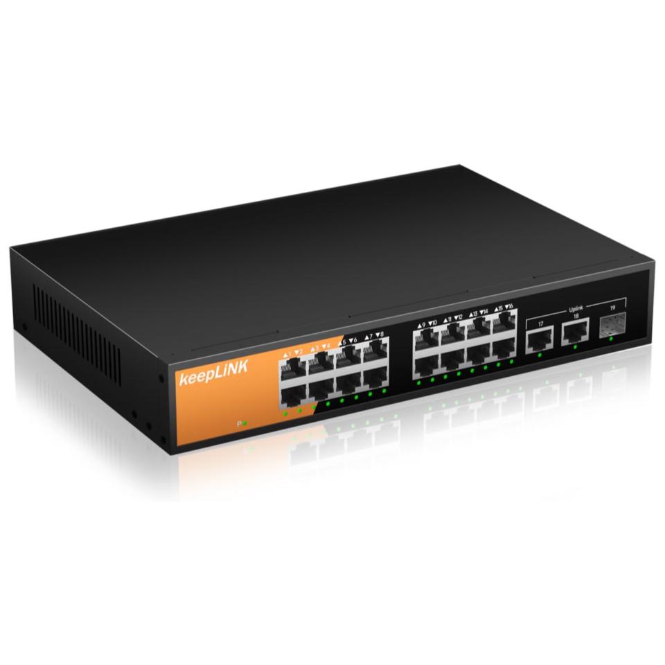 KeepLiNK 16ポート ギガビットPoE+スイッチングハブ PoE給電240W