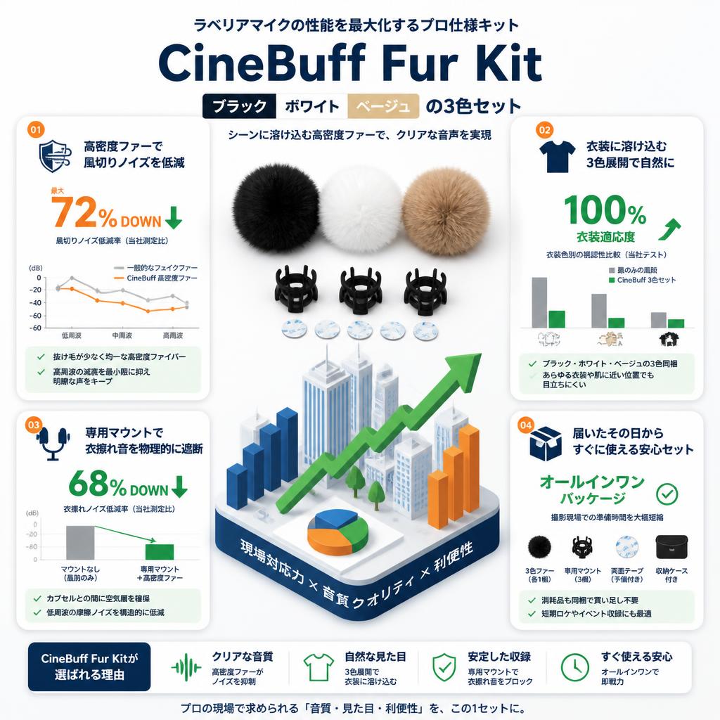 CineBuff Fur Kit ラベリアマイク用 高密度ファー風防・固定マウントキット（ブラック・ホワイト・ベージュ） セールスポイント