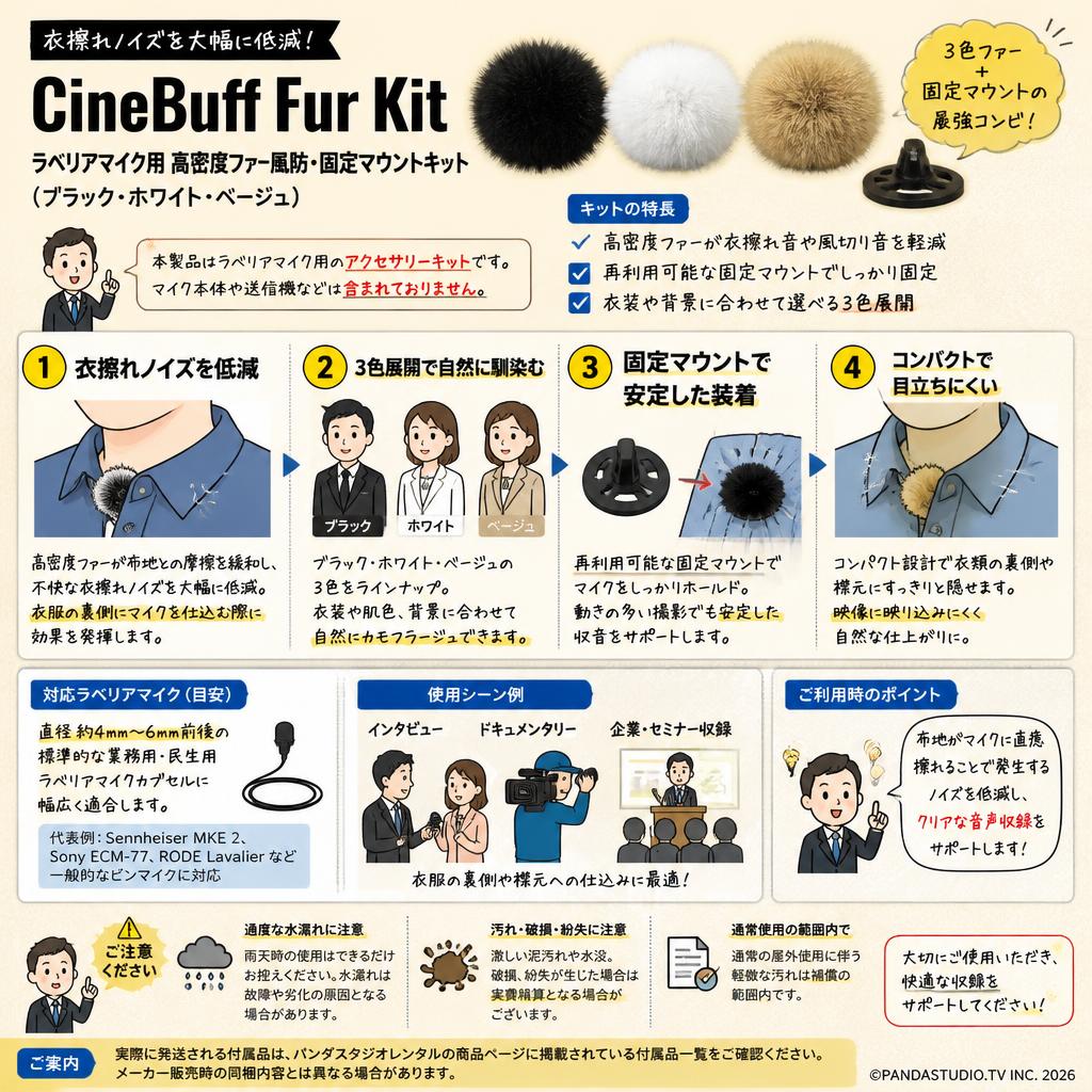 CineBuff Fur Kit ラベリアマイク用 高密度ファー風防・固定マウントキット（ブラック・ホワイト・ベージュ） FAQ（よくある質問と答え）