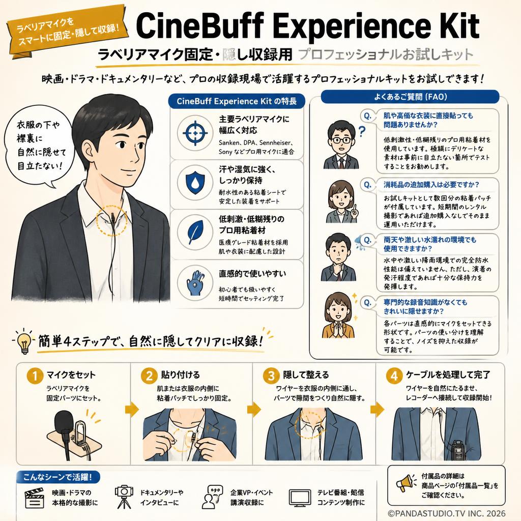 CineBuff Experience Kit ラベリアマイク固定・隠し収録用 プロフェッショナルお試しキット FAQ（よくある質問と答え）