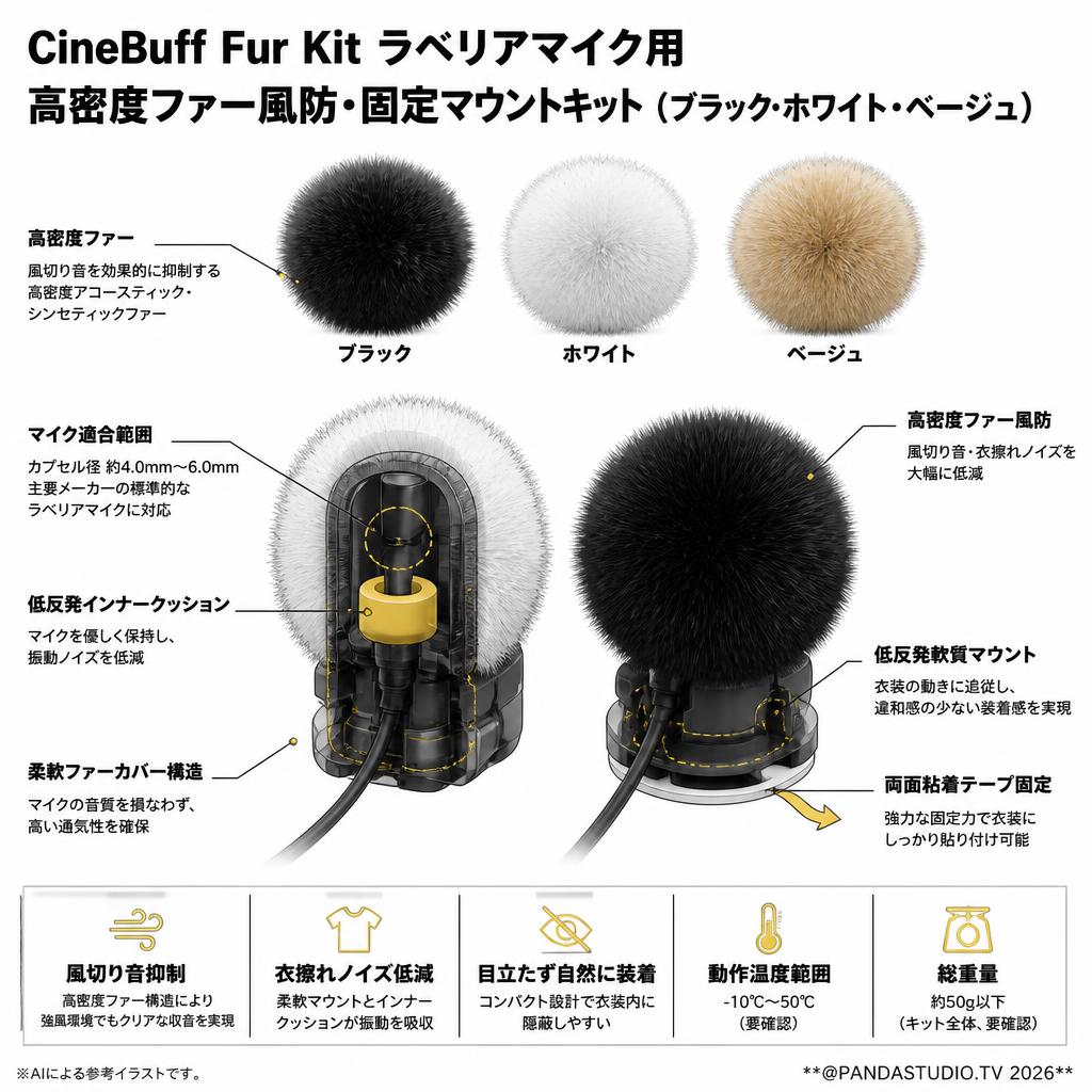 CineBuff Fur Kit ラベリアマイク用 高密度ファー風防・固定マウントキット（ブラック・ホワイト・ベージュ） スペック