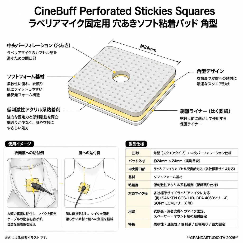 CineBuff Perforated Stickies Squares ラベリアマイク固定用 穴あきソフト粘着パッド 角型 スペック