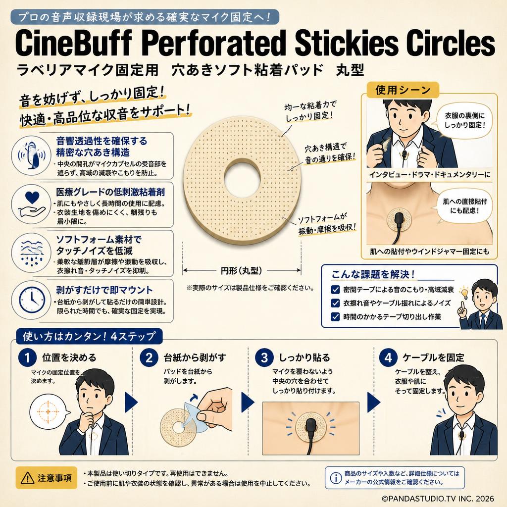 CineBuff Perforated Stickies Circles ラベリアマイク固定用 穴あきソフト粘着パッド 丸型 概要