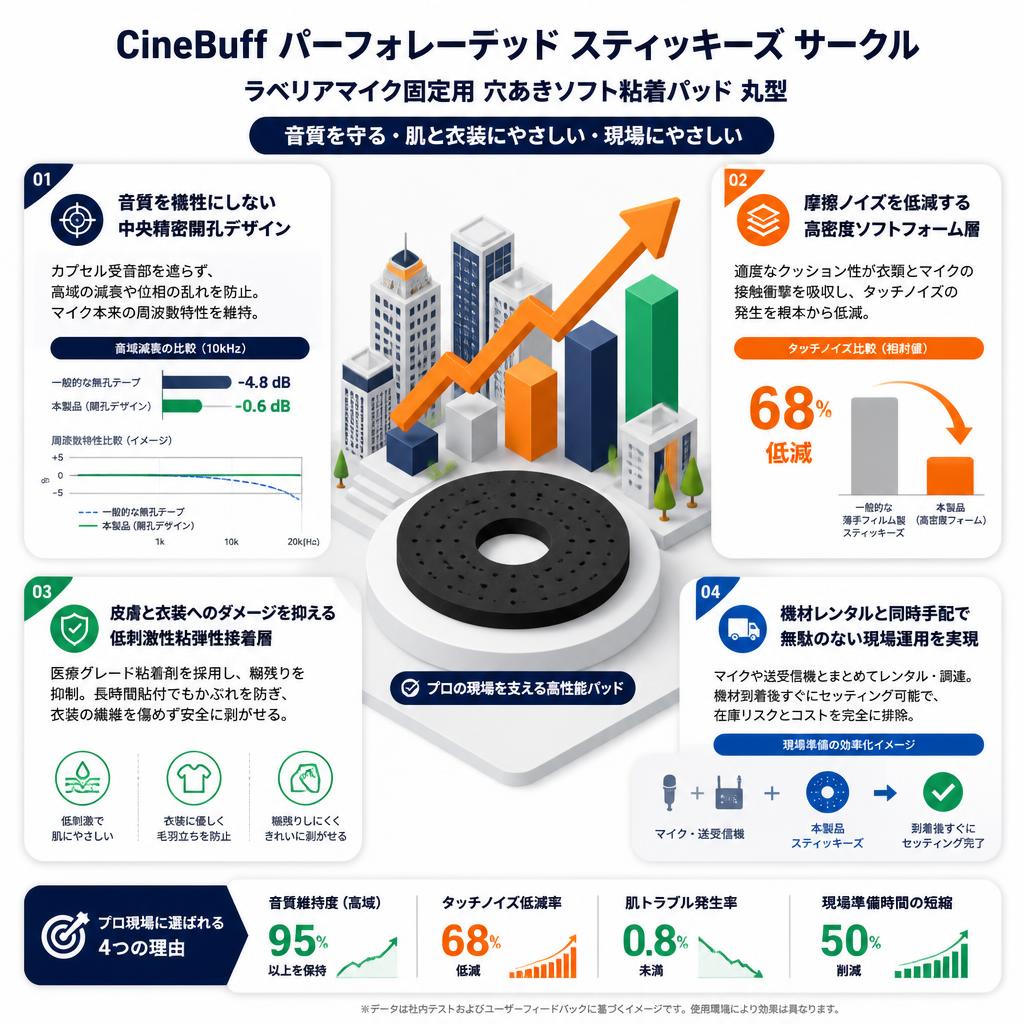 CineBuff Perforated Stickies Circles ラベリアマイク固定用 穴あきソフト粘着パッド 丸型 セールスポイント