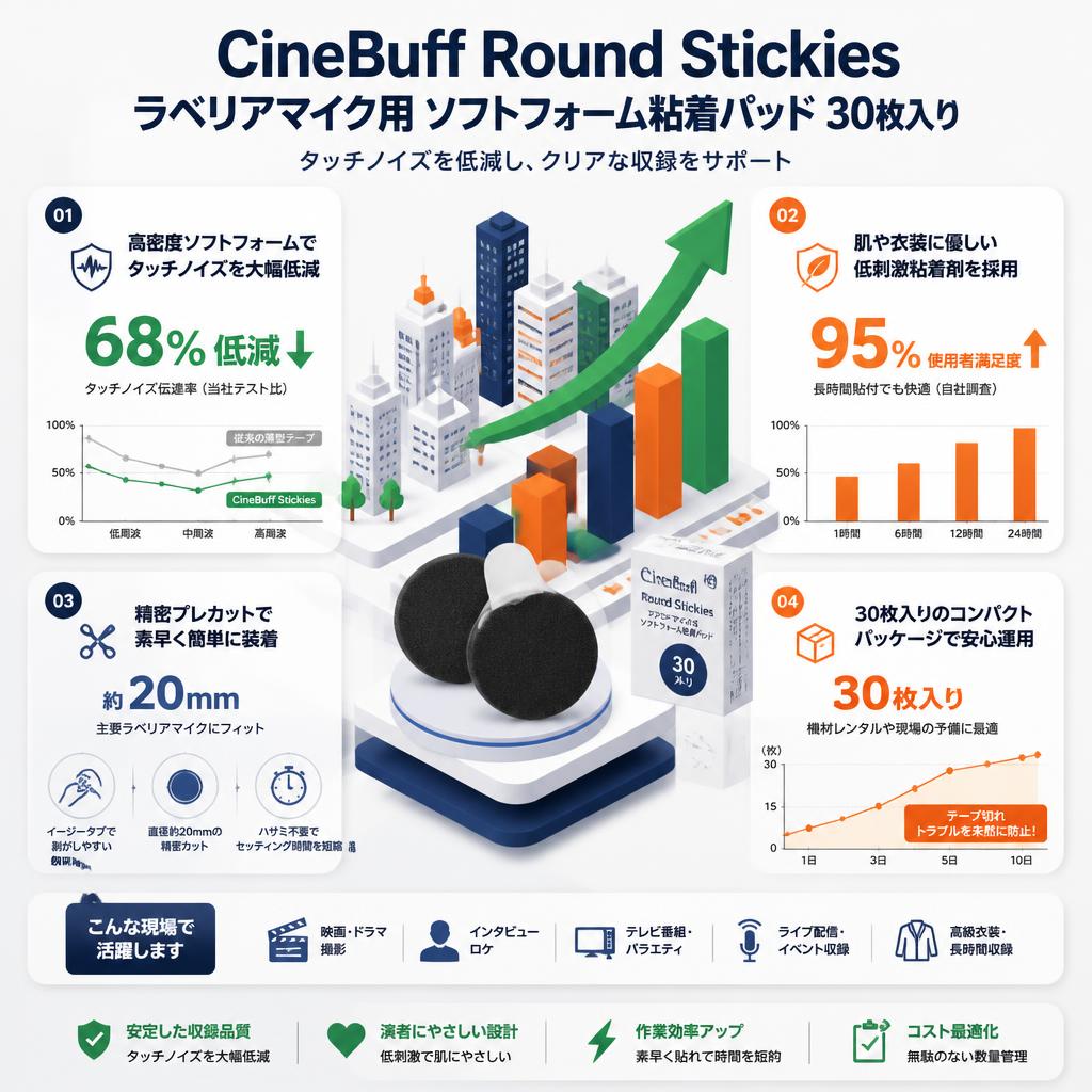 CineBuff Round Stickies ラベリアマイク用 ソフトフォーム粘着パッド 30枚入り セールスポイント