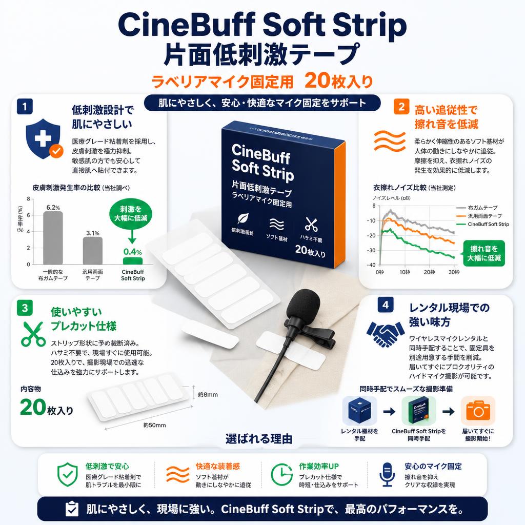 CineBuff Soft Strip 片面低刺激テープ ラベリアマイク固定用 20枚入り セールスポイント