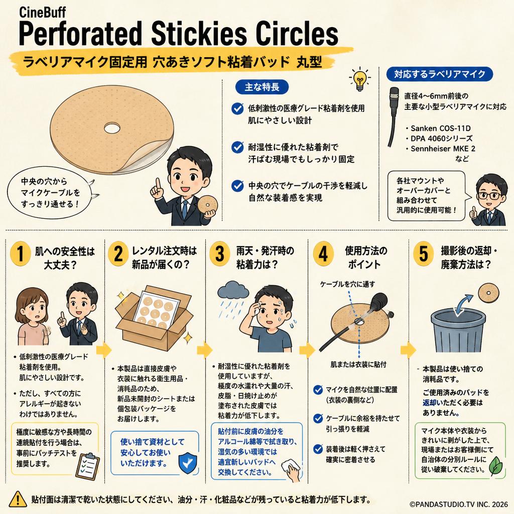CineBuff Perforated Stickies Circles ラベリアマイク固定用 穴あきソフト粘着パッド 丸型 FAQ（よくある質問と答え）