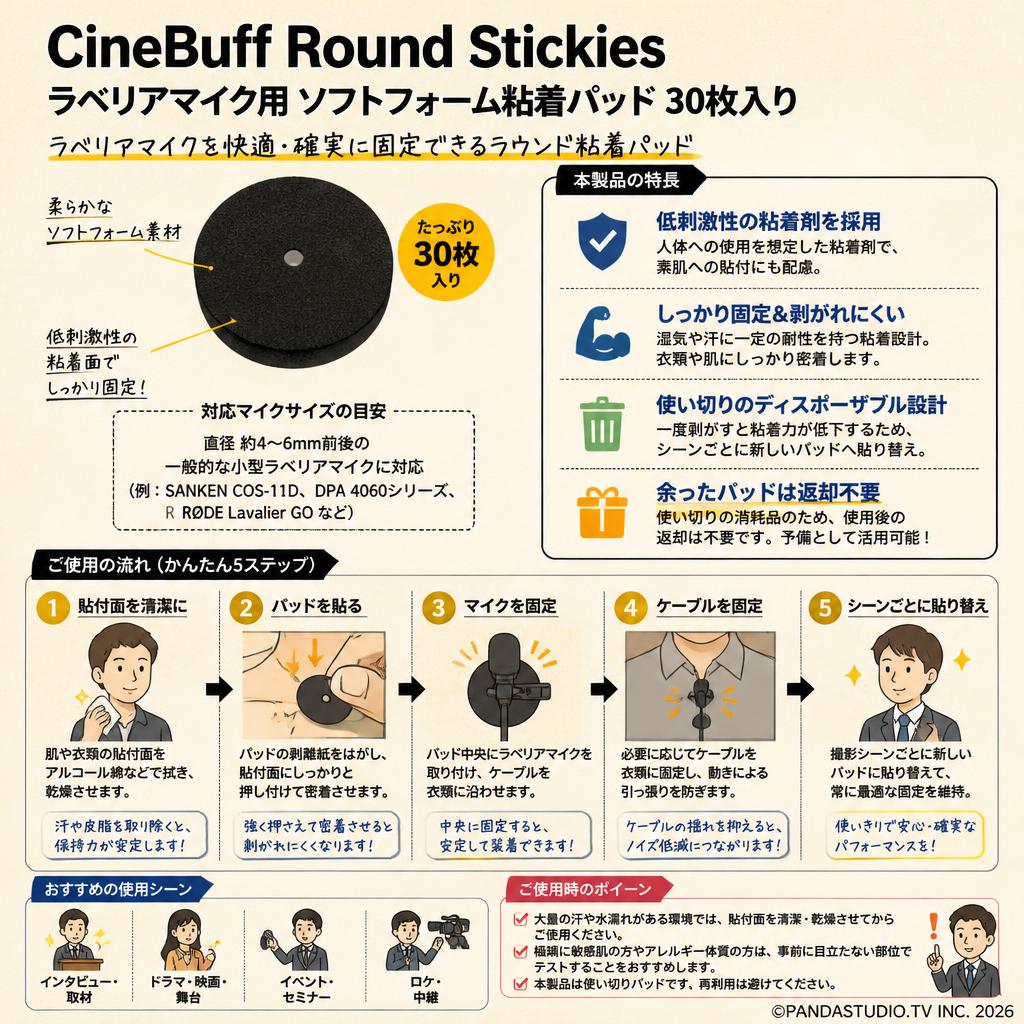 CineBuff Round Stickies ラベリアマイク用 ソフトフォーム粘着パッド 30枚入り FAQ（よくある質問と答え）