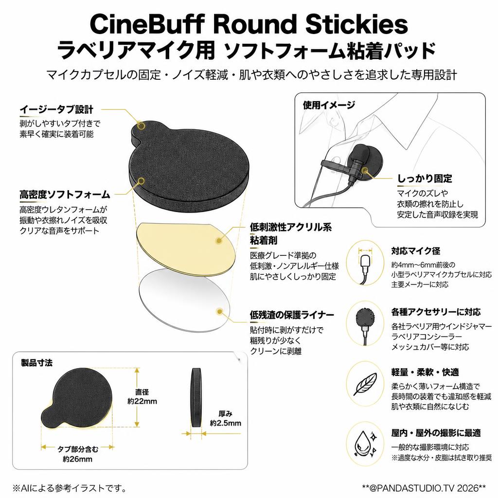 CineBuff Round Stickies ラベリアマイク用 ソフトフォーム粘着パッド 30枚入り スペック