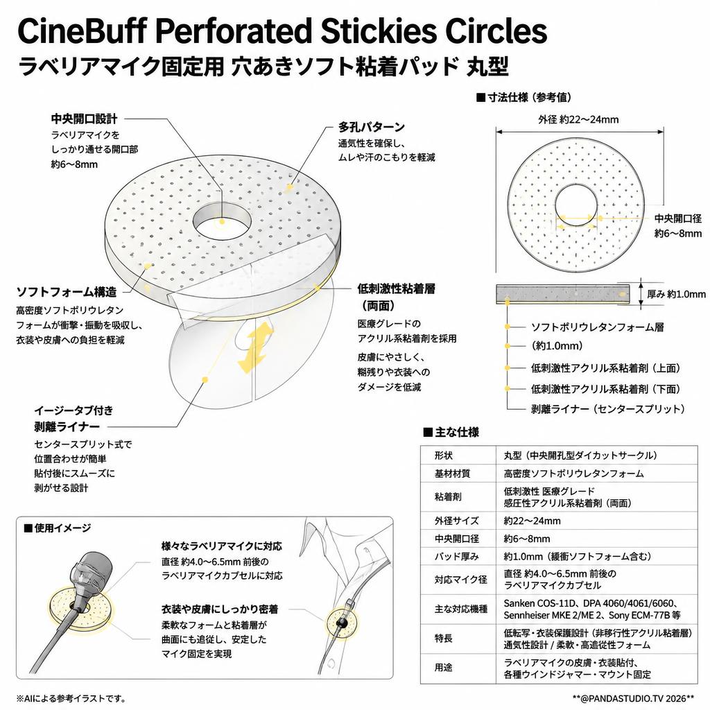 CineBuff Perforated Stickies Circles ラベリアマイク固定用 穴あきソフト粘着パッド 丸型 スペック