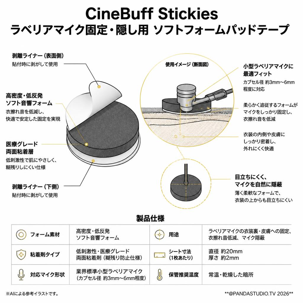 CineBuff Stickies ラベリアマイク固定・隠し用 ソフトフォームパッドテープ 30枚入り スペック